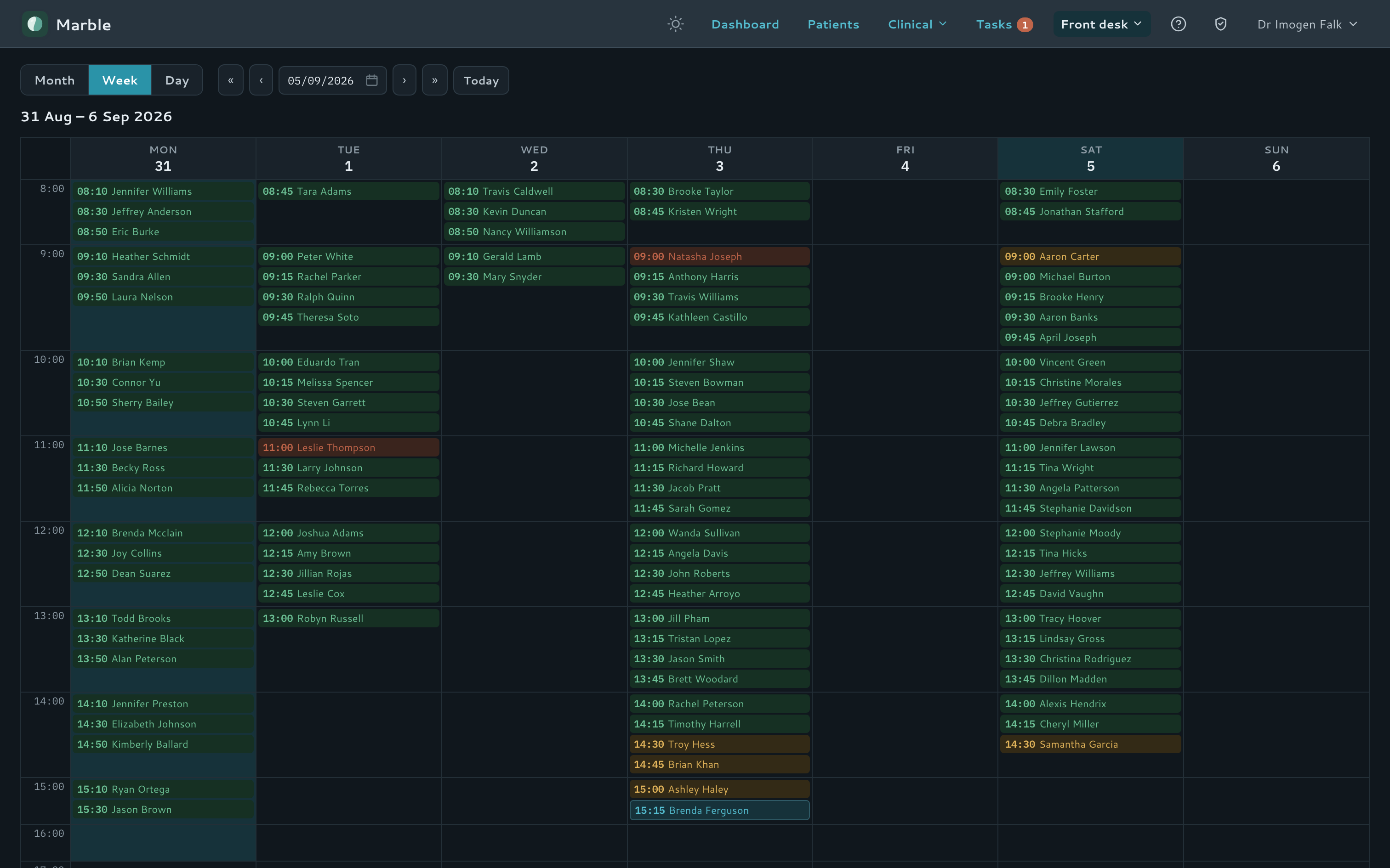 Month, week and day booking calendar.