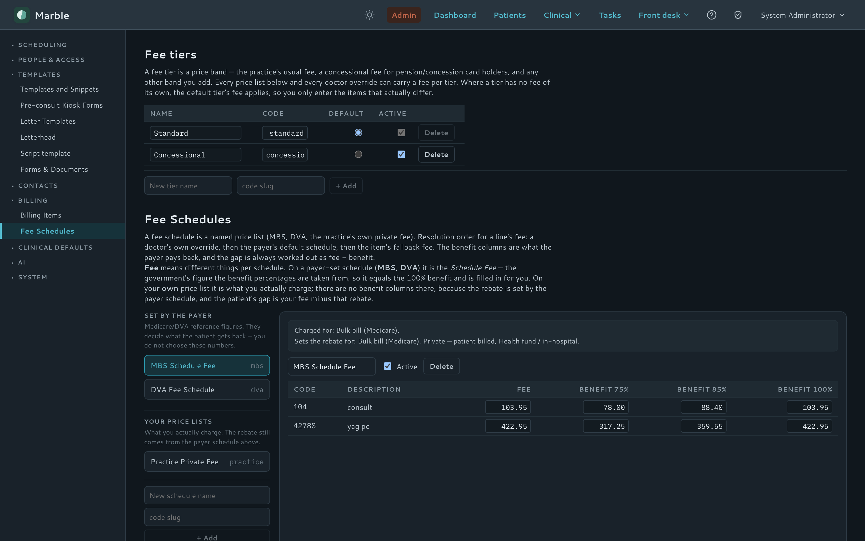 Admin fee schedule editor.