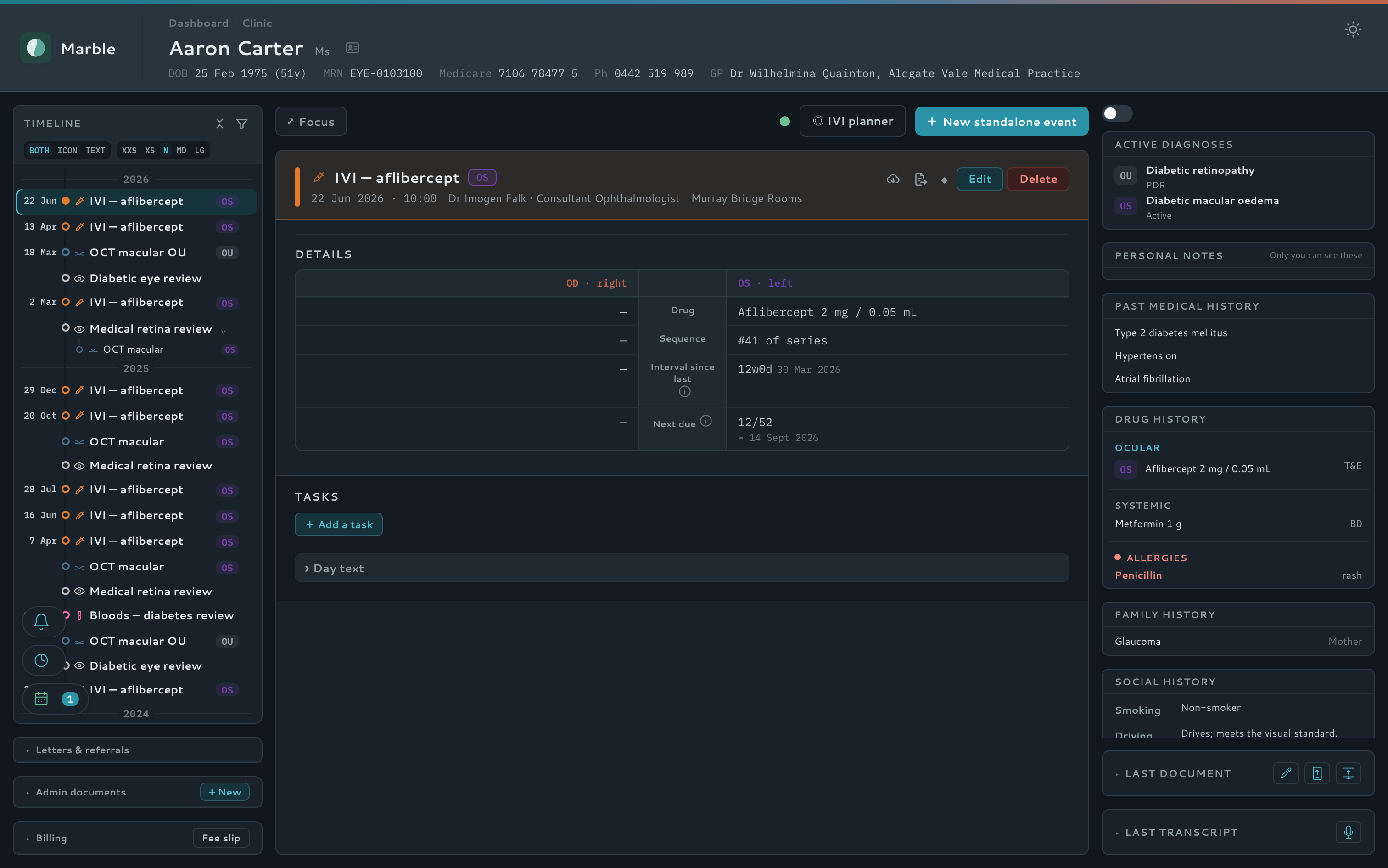 Marble's three-column patient dashboard: patient banner, clinical timeline, and context sidebar.