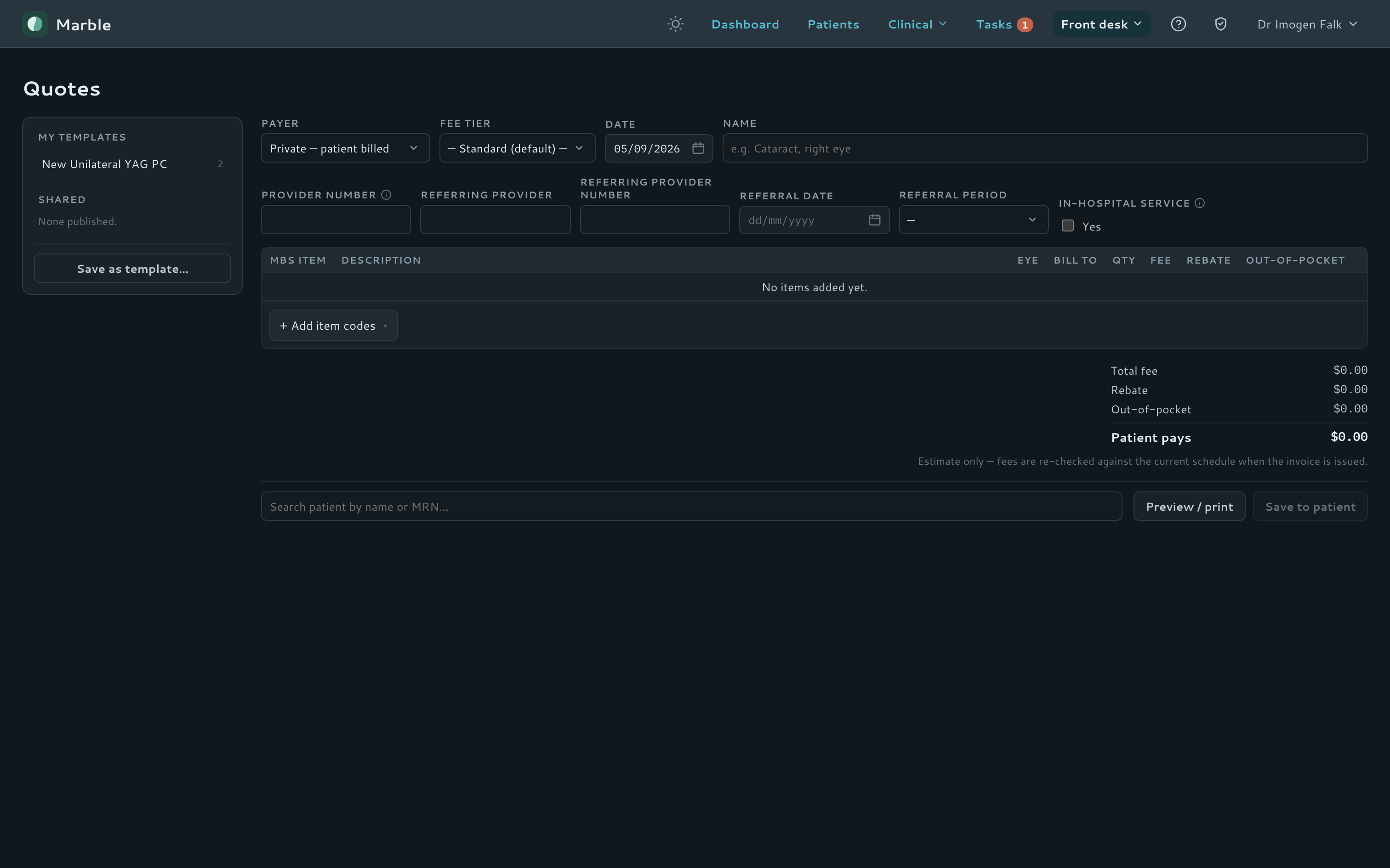 Patient-facing fee quote builder.