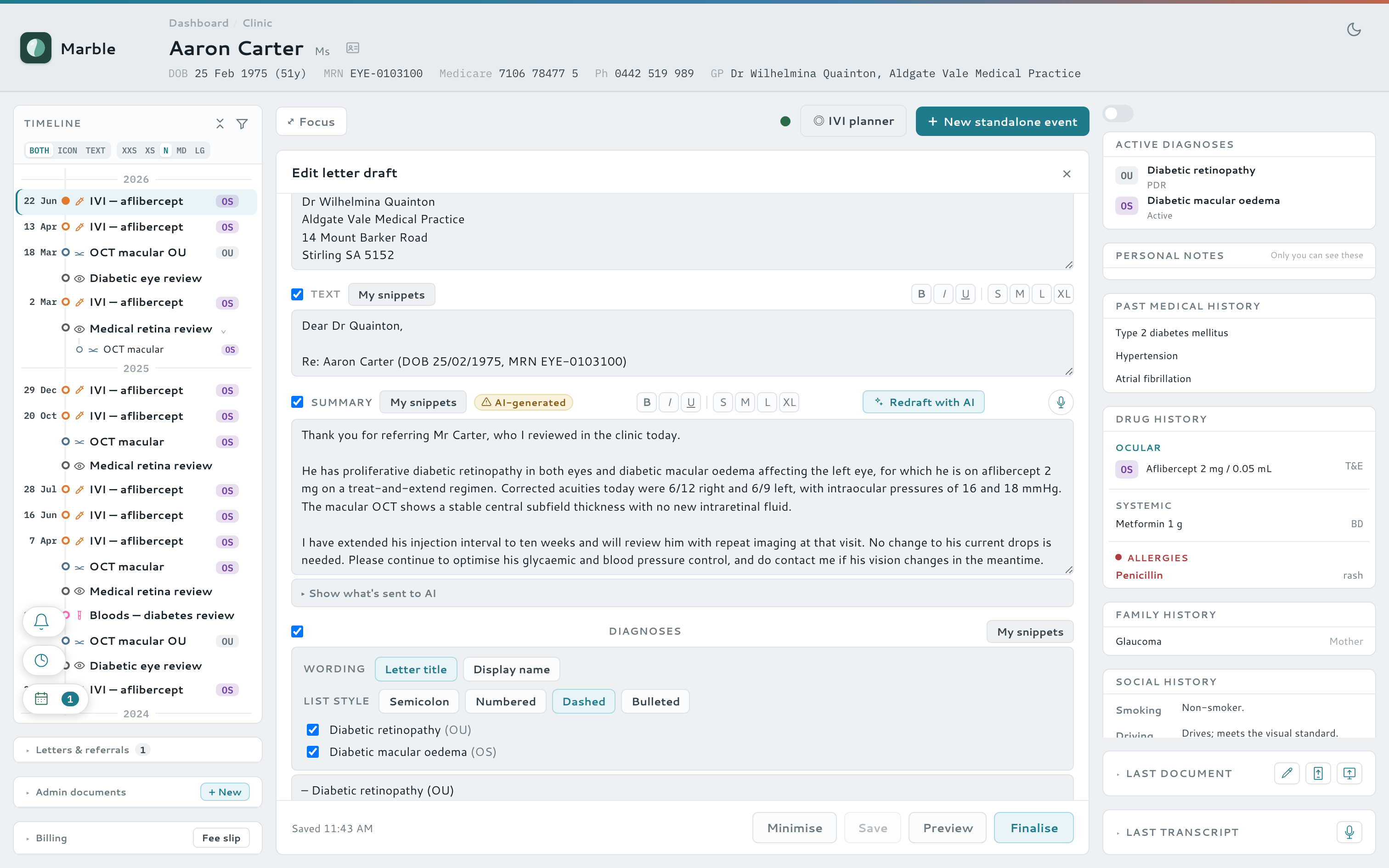 A letter section drafted by the AI, marked AI-generated, open for the clinician to read back and edit before signing.