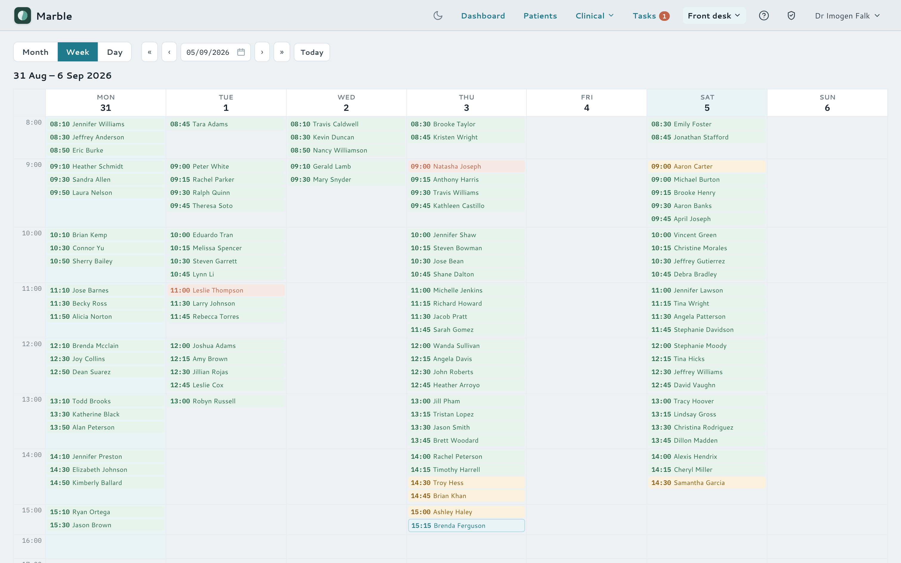 Month, week and day booking calendar.