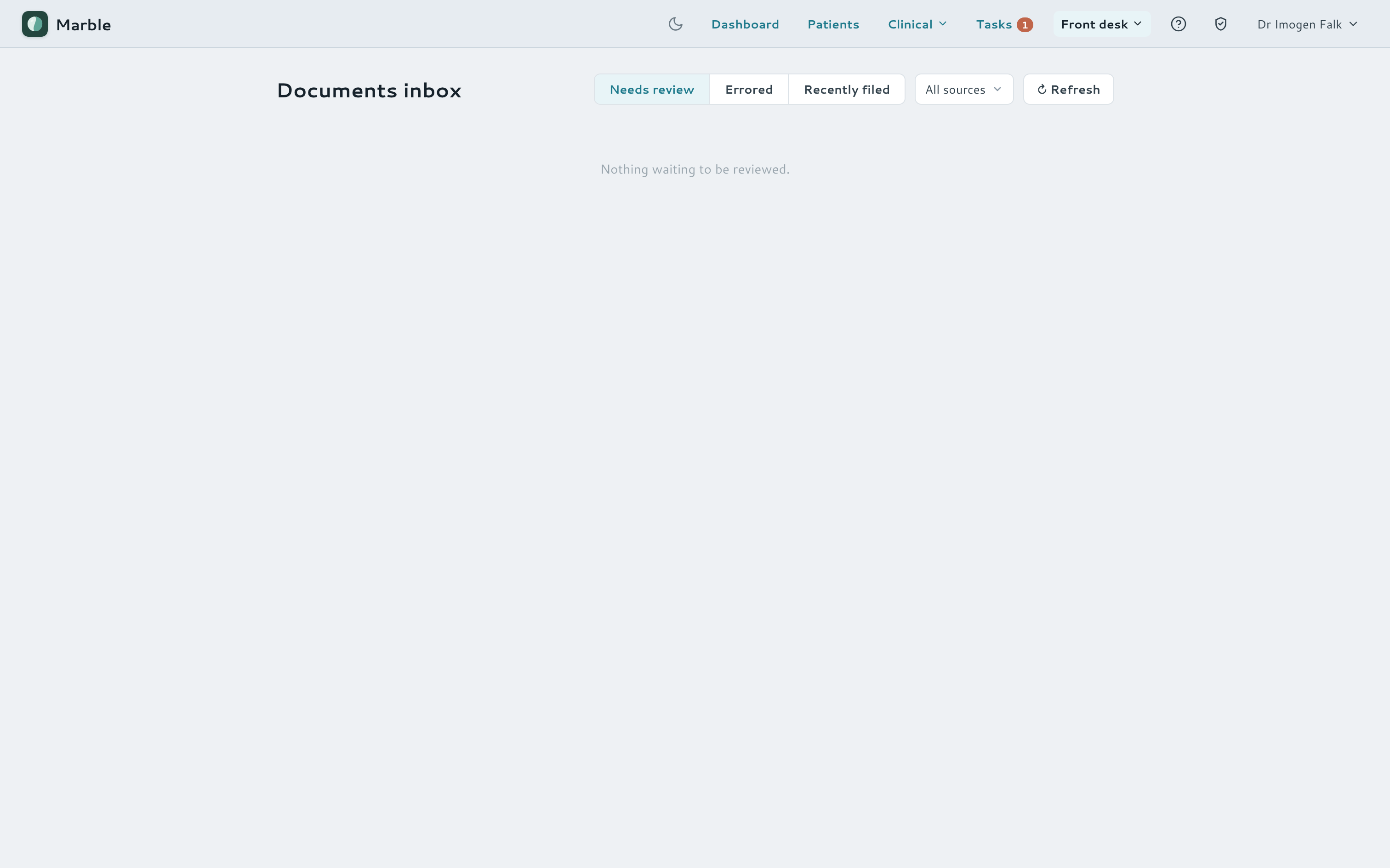 Shared documents inbox with suggested-patient matching.