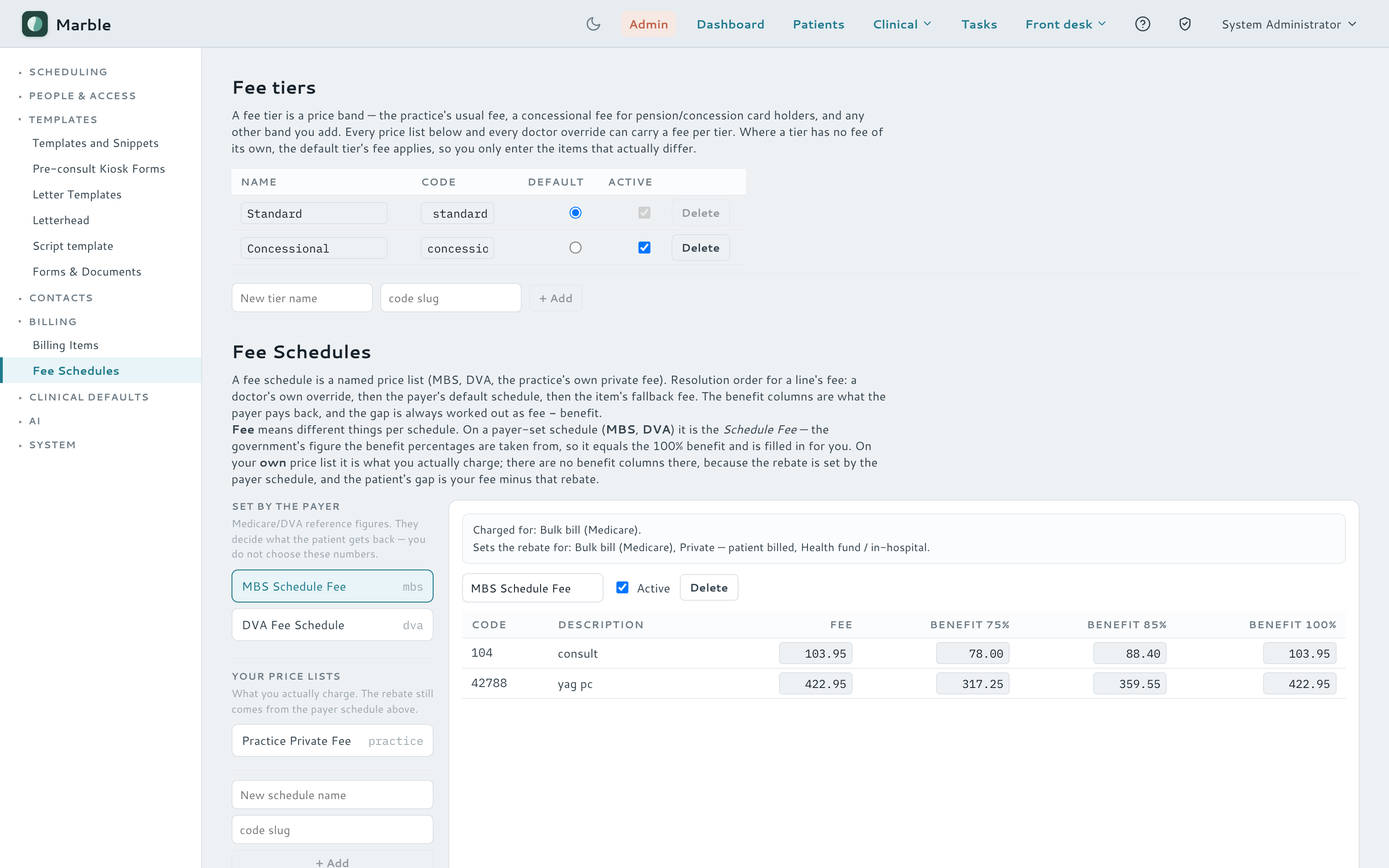 Admin fee schedule editor.