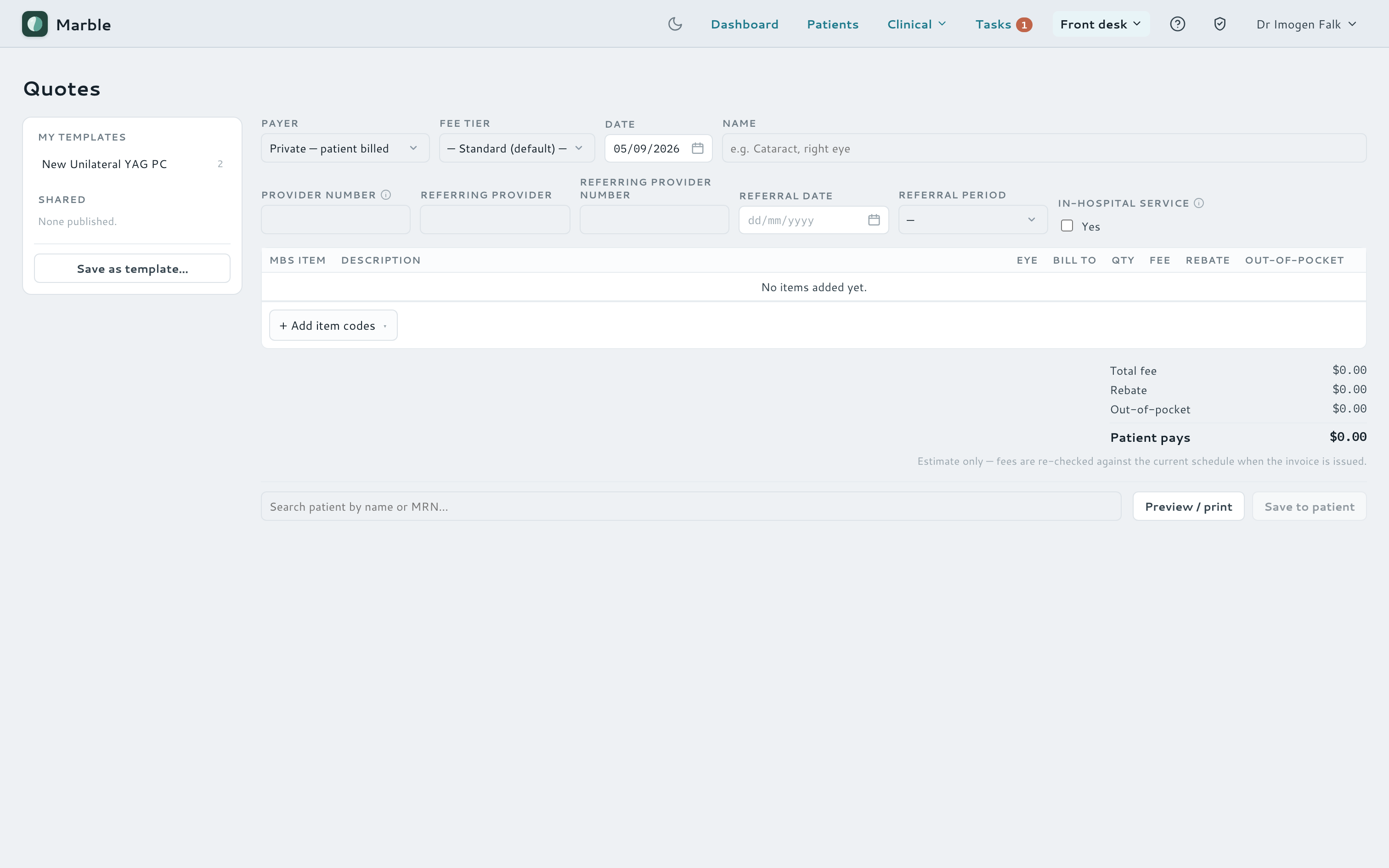 Patient-facing fee quote builder.